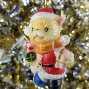 Vintage Miniature Collectible Kitty Cat Santa Claus Christmas Ornaments